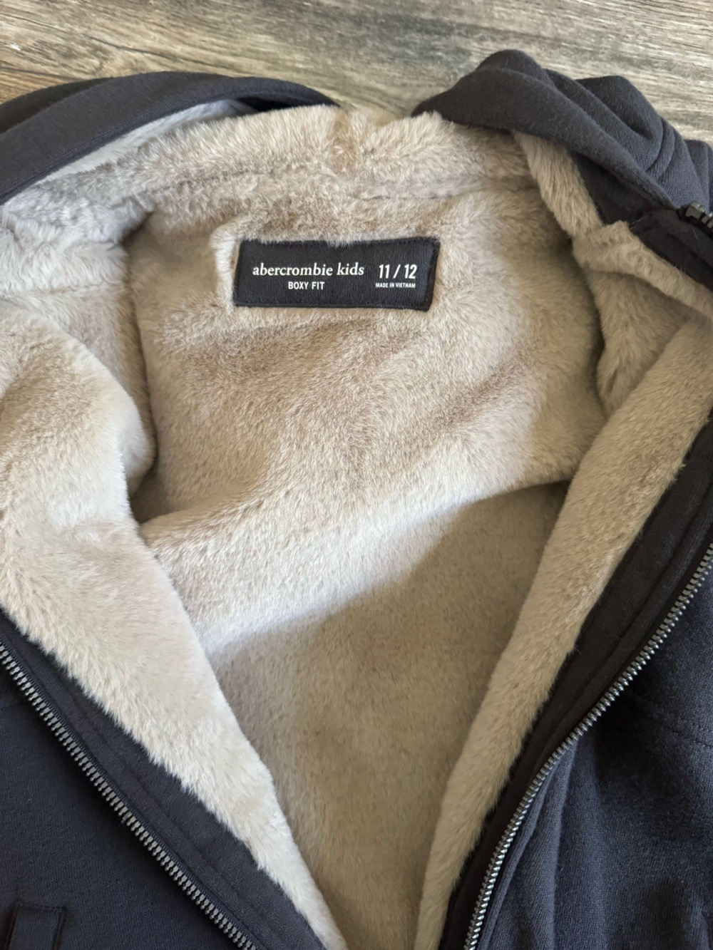 abercrombie kids black teddy jacket with cream lining
